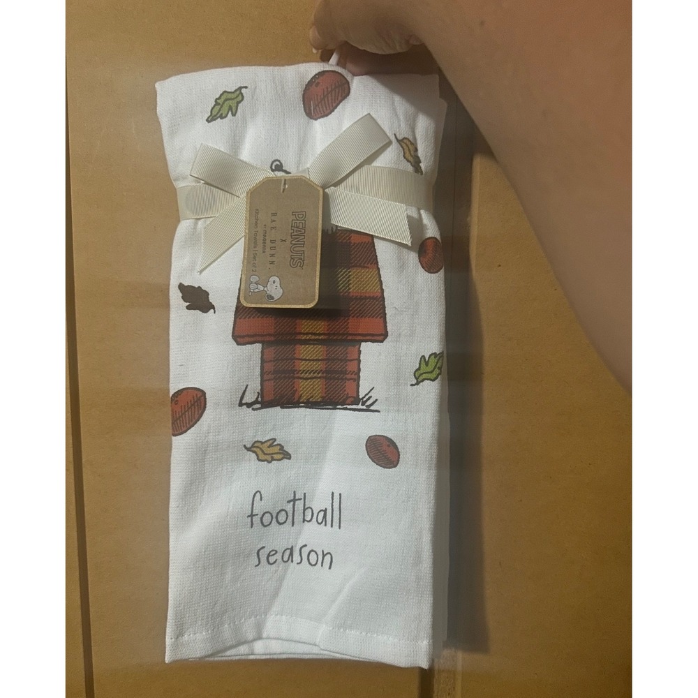 Rae Dunn Peanuts Snoopy Football Season Kitchen Towels Set of 2 Fall Plaid New